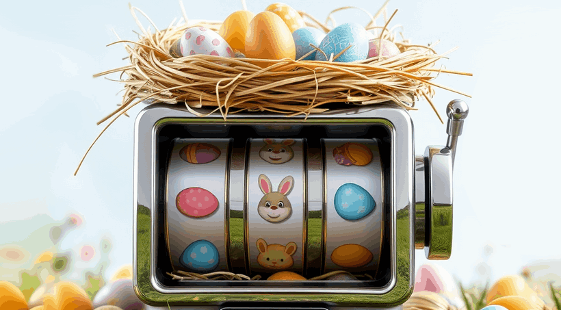 Ein Spielautomat mit Oster-Symbolen und darauf ein mit bunten Eiern gefülltes Nest