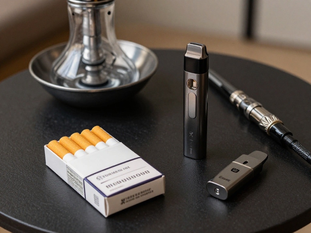 zigaretten, e-zigaretten und eine shisha auf einem tisch